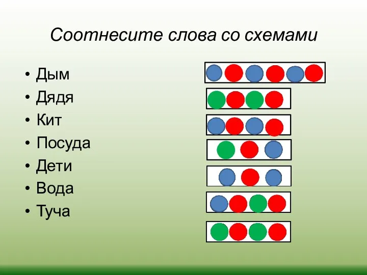 Соотнесите слова со схемами Дым Дядя Кит Посуда Дети Вода Туча