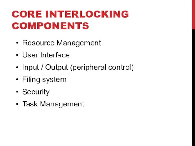 CORE INTERLOCKING COMPONENTS Resource Management User Interface Input / Output