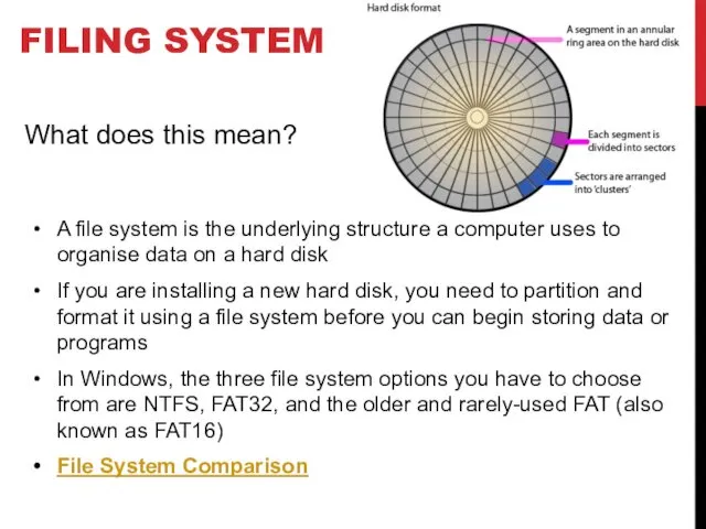 FILING SYSTEM A file system is the underlying structure a