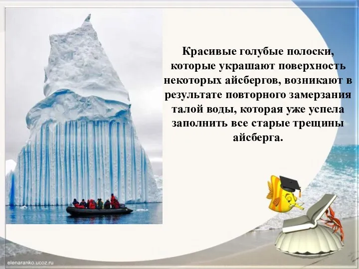 Красивые голубые полоски, которые украшают поверхность некоторых айсбергов, возникают в результате повторного замерзания