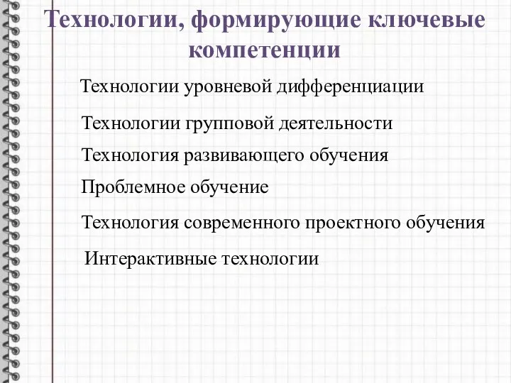 Технологии, формирующие ключевые компетенции Технологии уровневой дифференциации Технологии групповой деятельности Технология развивающего обучения