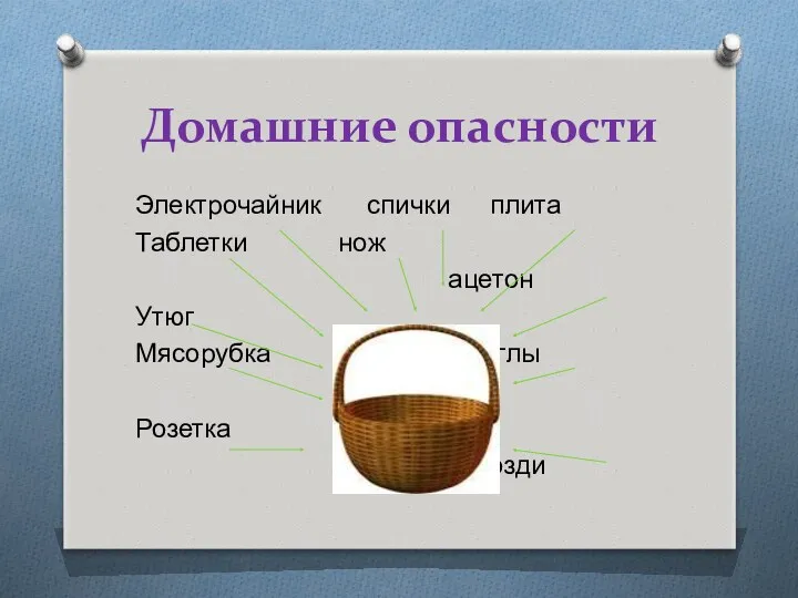 Домашние опасности Электрочайник спички плита Таблетки нож ацетон Утюг Мясорубка иглы Розетка гвозди