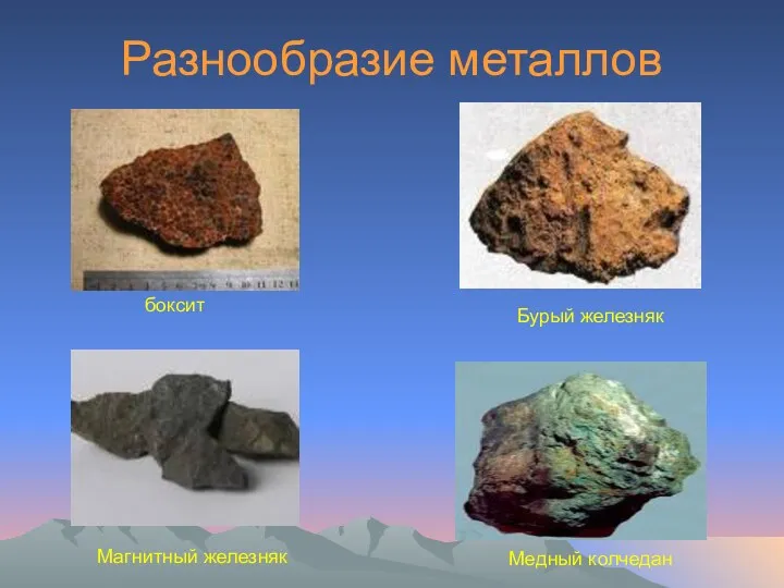 Разнообразие металлов Медный колчедан Магнитный железняк боксит Бурый железняк