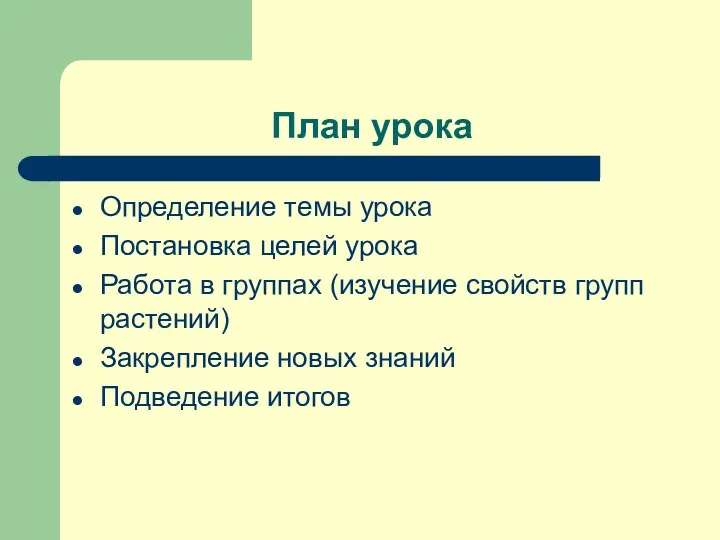 План урока Определение темы урока Постановка целей урока Работа в