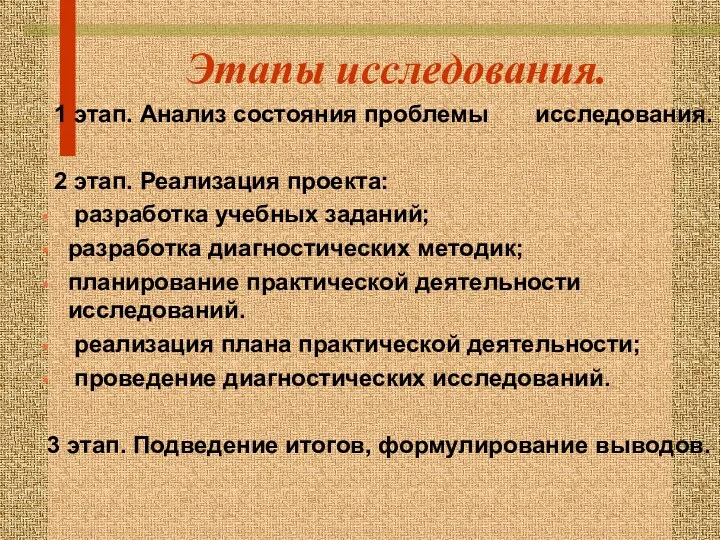 Этапы исследования. 1 этап. Анализ состояния проблемы исследования. 2 этап.