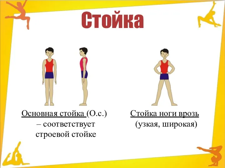 Стойка Основная стойка (О.с.) – соответствует строевой стойке Стойка ноги врозь (узкая, широкая)