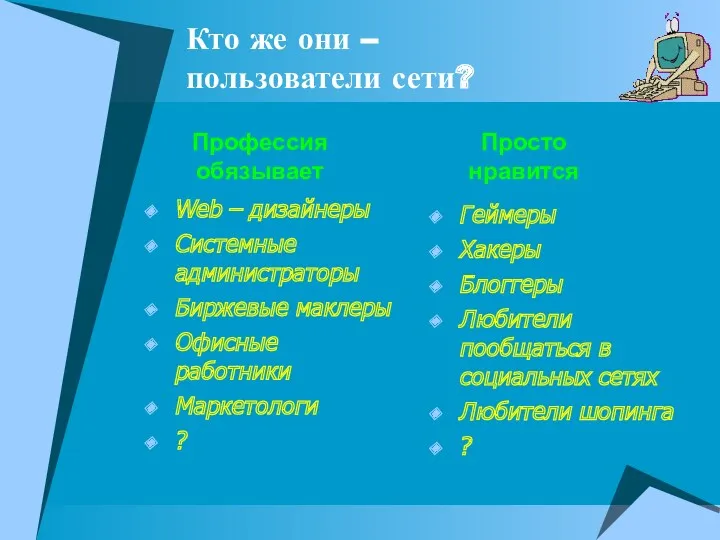 Кто же они – пользователи сети? Web – дизайнеры Системные