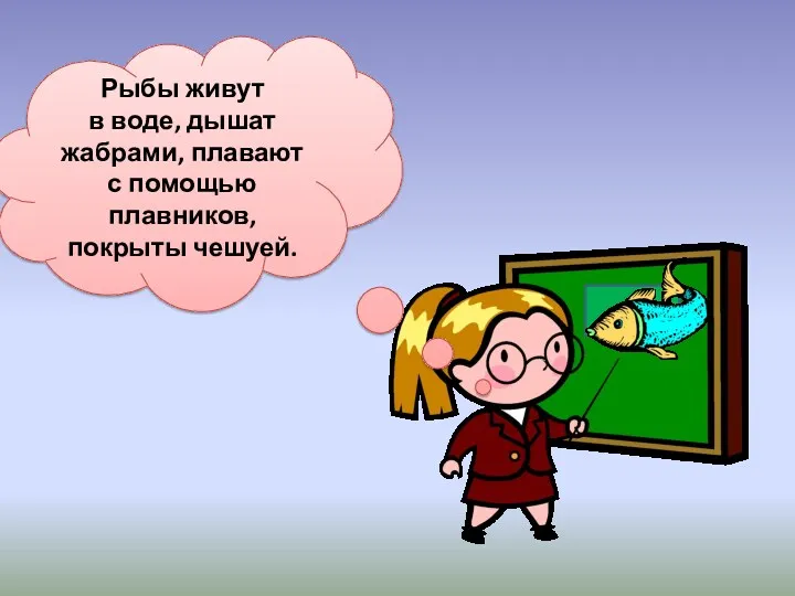 Рыбы живут в воде, дышат жабрами, плавают с помощью плавников, покрыты чешуей.