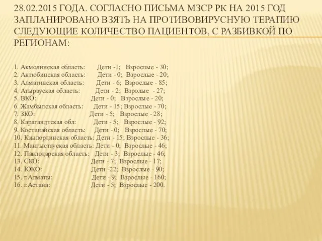 28.02.2015 ГОДА. СОГЛАСНО ПИСЬМА МЗСР РК НА 2015 ГОД ЗАПЛАНИРОВАНО