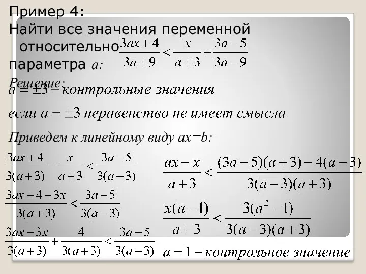 Пример 4: Найти все значения переменной относительно параметра а: Решение: Приведем к линейному виду ax=b: