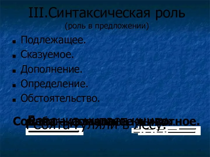 III.Синтаксическая роль (роль в предложении) Подлежащее. Сказуемое. Дополнение. Определение. Обстоятельство.