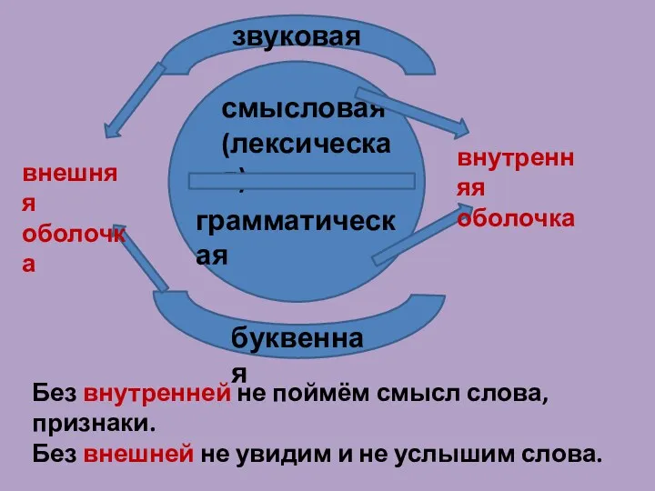 звуковая буквенная смысловая (лексическая) грамматическая внешняя оболочка внутренняя оболочка Без