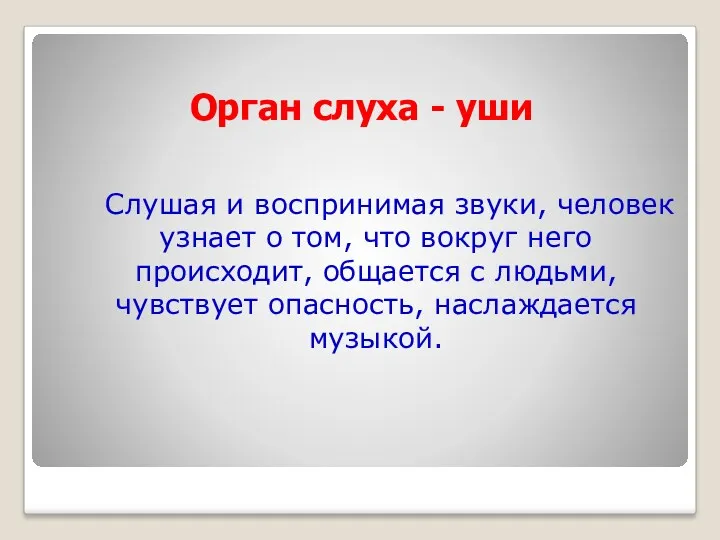 Орган слуха - уши Слушая и воспринимая звуки, человек узнает