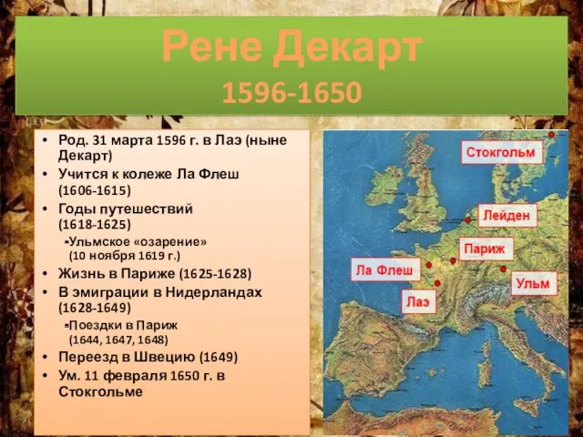 Род. 31 марта 1596 г. в Лаэ (ныне Декарт) Учится