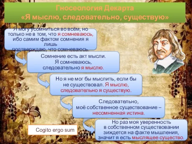 Сомнение есть акт мысли. Я сомневаюсь, следовательно я мыслю. Следовательно,