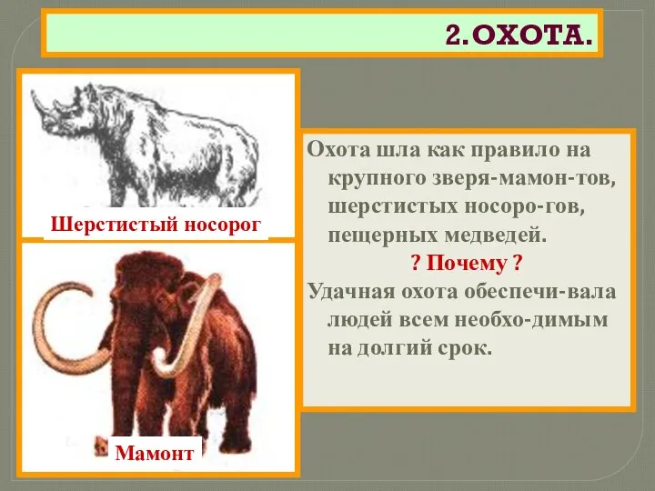 2.ОХОТА. Охота шла как правило на крупного зверя-мамон-тов,шерстистых носоро-гов,пещерных медведей.