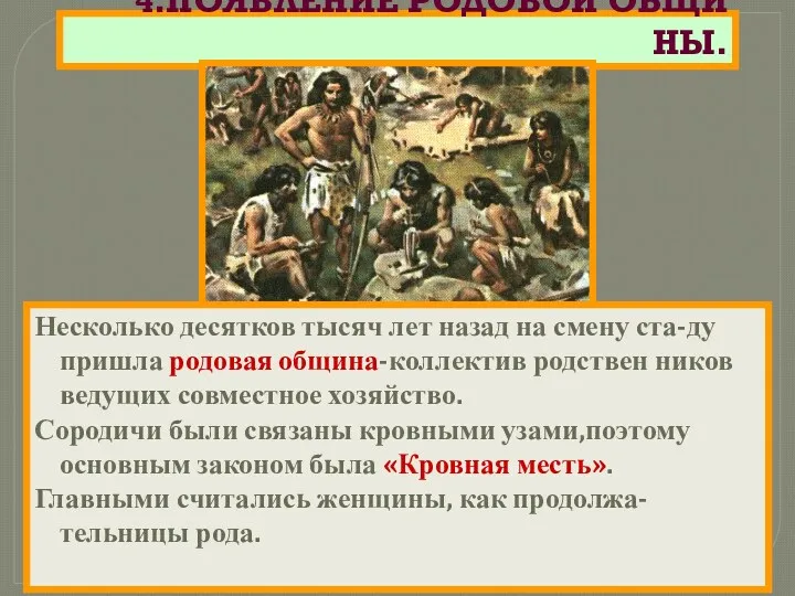 4.ПОЯВЛЕНИЕ РОДОВОЙ ОБЩИ НЫ. Несколько десятков тысяч лет назад на