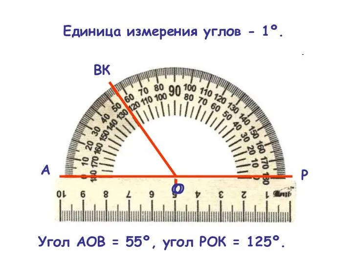 Единица измерения углов - 1º. А Угол АОВ = 55º,