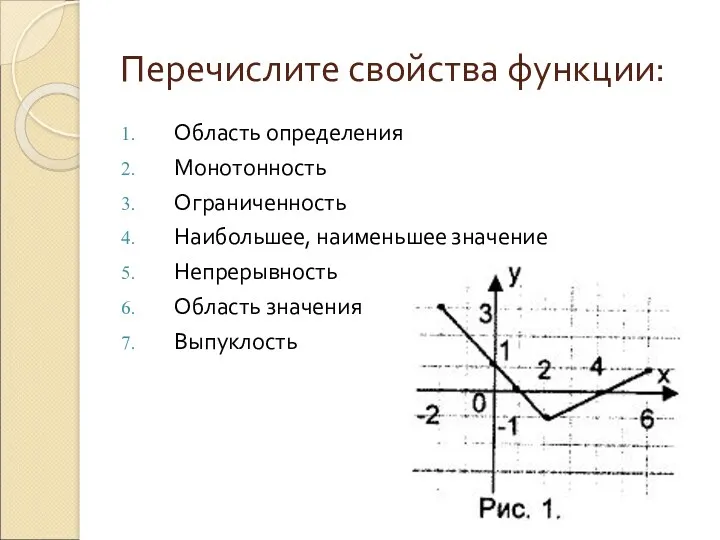 Перечислите свойства функции: Область определения Монотонность Ограниченность Наибольшее, наименьшее значение Непрерывность Область значения Выпуклость