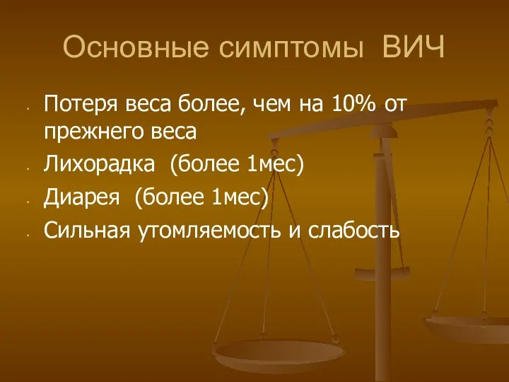 Основные симптомы ВИЧ Потеря веса более, чем на 10% от