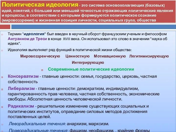 Политическая идеология - это система основополагающих (базовых) идей, понятий, с