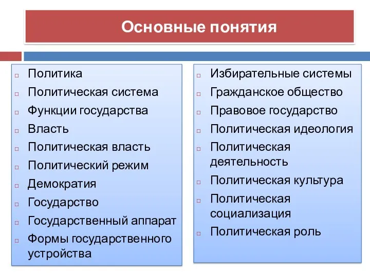 Основные понятия Политика Политическая система Функции государства Власть Политическая власть