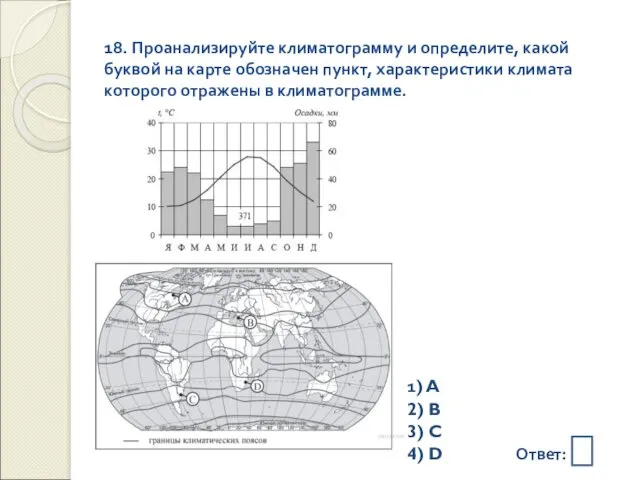 18. Проанализируйте климатограмму и определите, какой буквой на карте обозначен