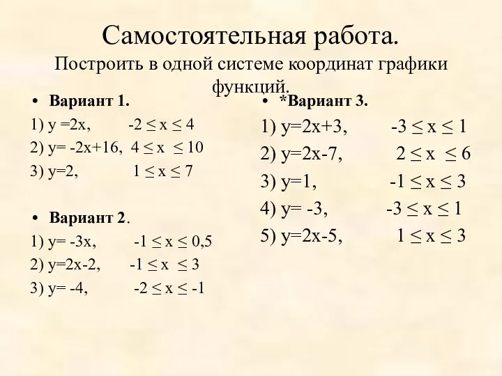 Самостоятельная работа. Построить в одной системе координат графики функций. Вариант