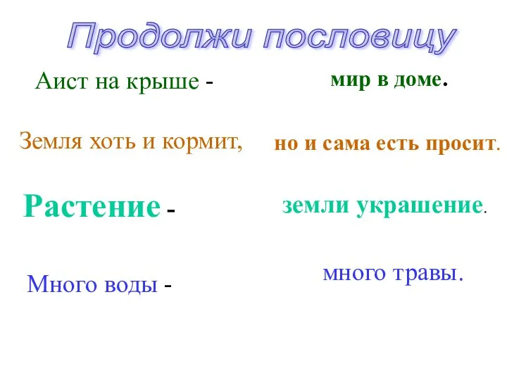 Продолжи пословицу Аист на крыше - мир в доме. Земля хоть и кормит,