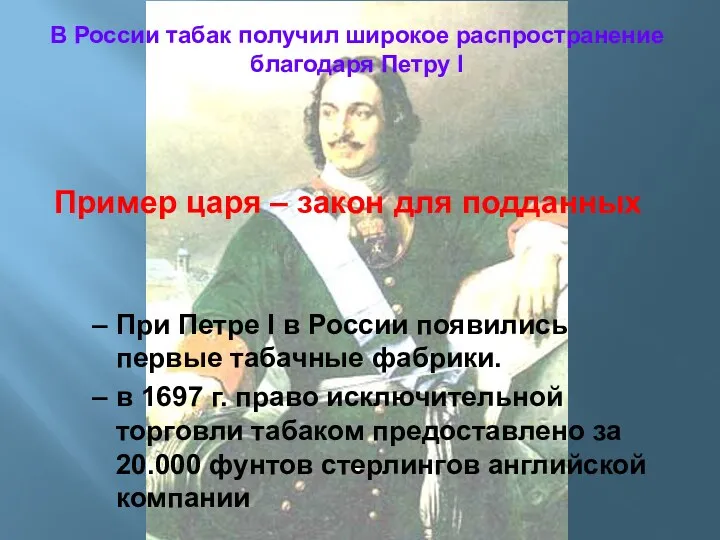 В России табак получил широкое распространение благодаря Петру I Пример