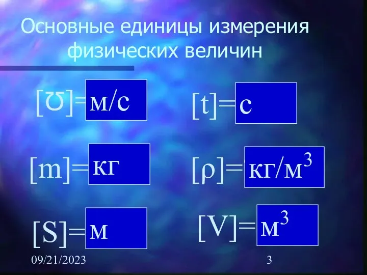 09/21/2023 Основные единицы измерения физических величин [Ʊ]=? м/с [m]=? кг