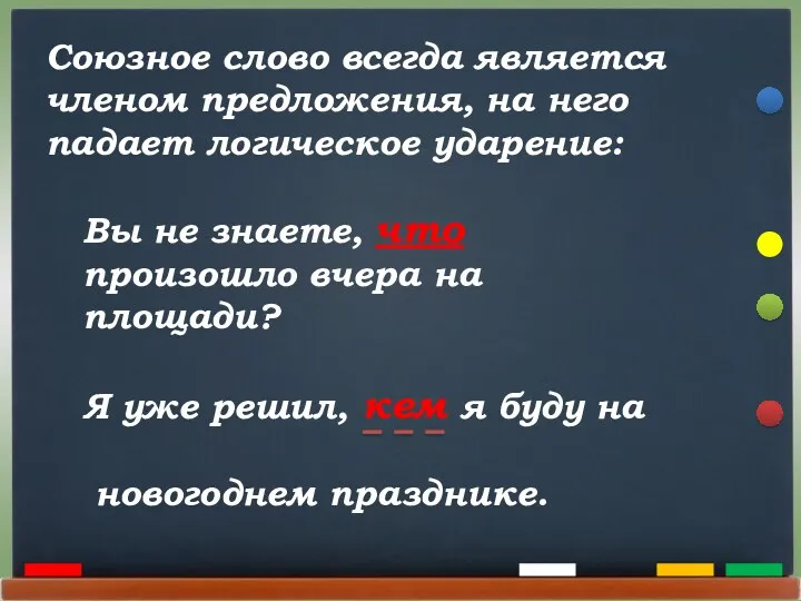 Союзное слово всегда является членом предложения, на него падает логическое