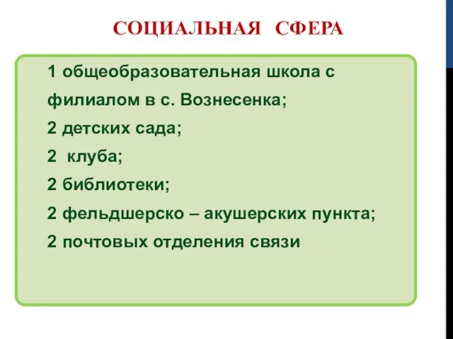 СОЦИАЛЬНАЯ СФЕРА 1 общеобразовательная школа с филиалом в с. Вознесенка;