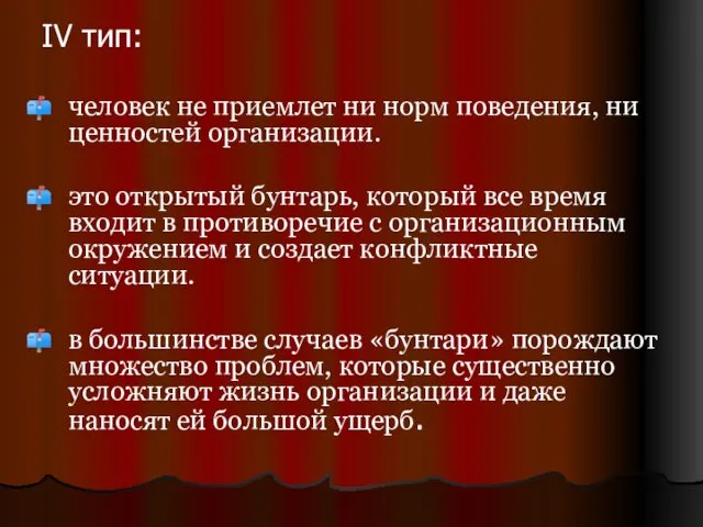 IV тип: человек не приемлет ни норм поведения, ни ценностей