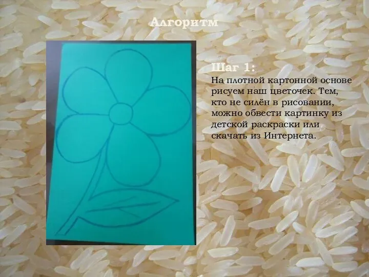 Алгоритм Шаг 1: На плотной картонной основе рисуем наш цветочек. Тем, кто не