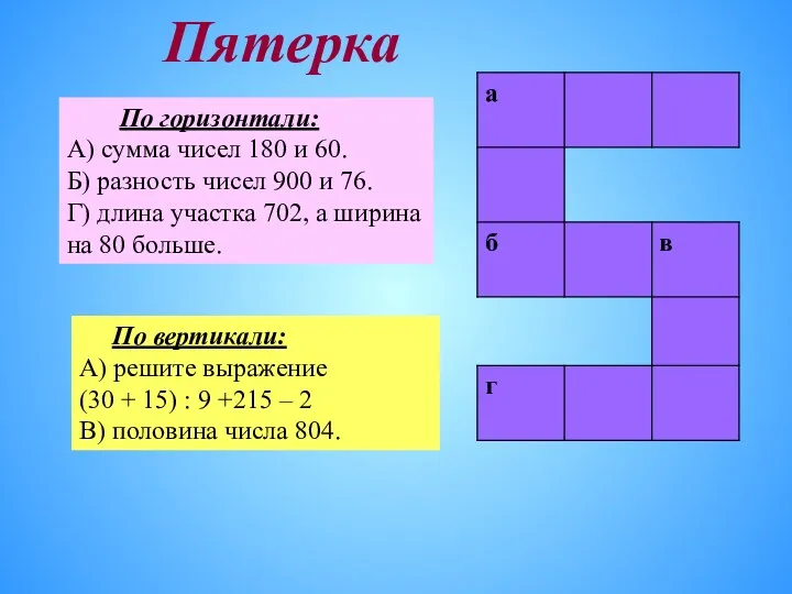 По горизонтали: А) сумма чисел 180 и 60. Б) разность