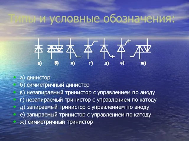 а) динистор б) симметричный динистор в) незапираемый тринистор с управлением