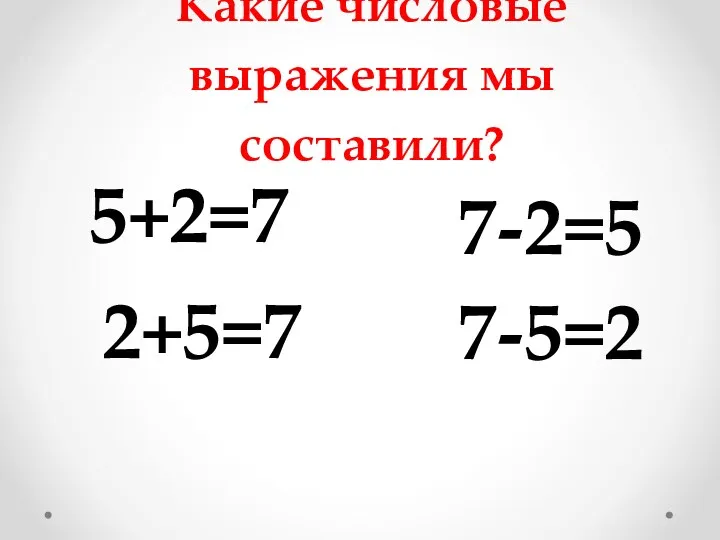 Какие числовые выражения мы составили? 5+2=7 2+5=7 7-5=2 7-2=5