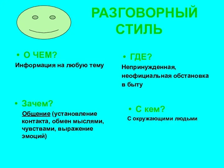 РАЗГОВОРНЫЙ СТИЛЬ О ЧЕМ? Информация на любую тему ГДЕ? Непринужденная,