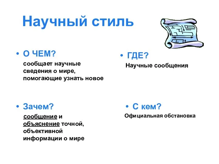 Научный стиль О ЧЕМ? сообщает научные сведения о мире, помогающие