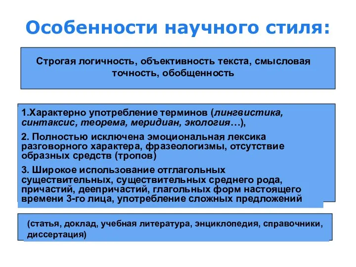 Особенности научного стиля: Строгая логичность, объективность текста, смысловая точность, обобщенность