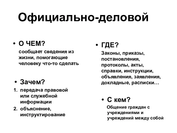 Официально-деловой О ЧЕМ? сообщает сведения из жизни, помогающие человеку что-то