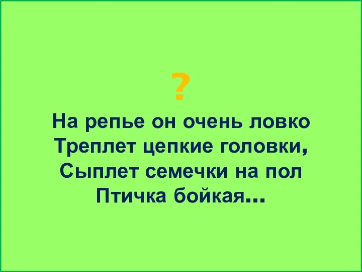 ? На репье он очень ловко Треплет цепкие головки, Сыплет семечки на пол Птичка бойкая...