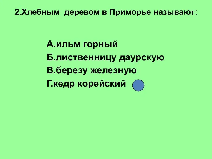 2.Хлебным деревом в Приморье называют: А.ильм горный Б.лиственницу даурскую В.березу железную Г.кедр корейский