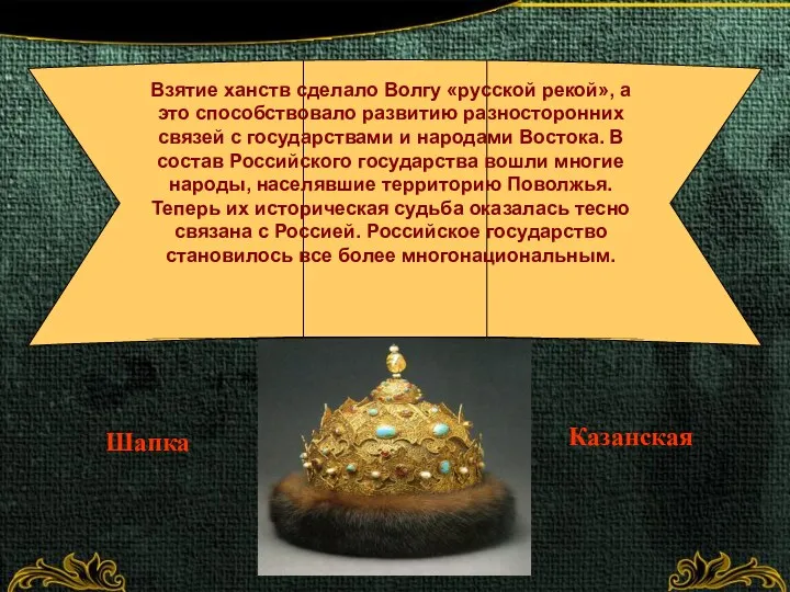 Шапка Казанская Взятие ханств сделало Волгу «русской рекой», а это