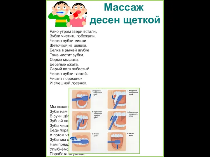 Массаж десен щеткой Рано утром звери встали, Зубки чистить побежали.