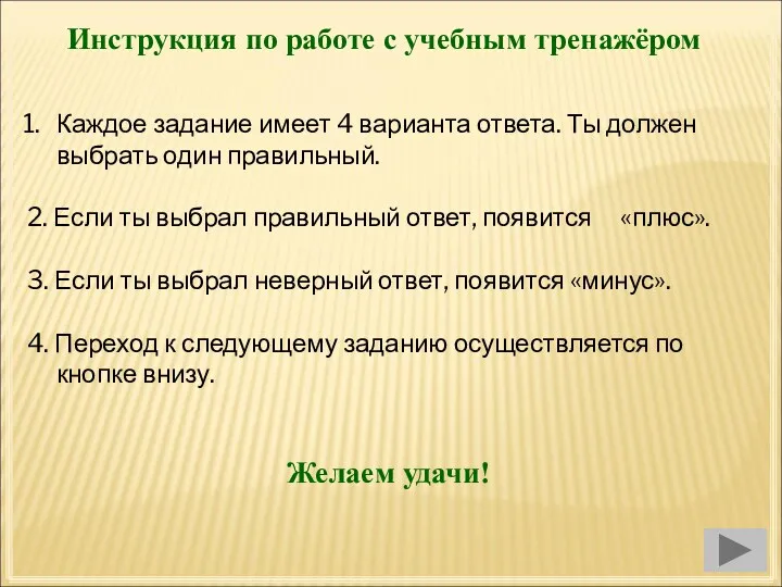 Инструкция по работе с учебным тренажёром Каждое задание имеет 4