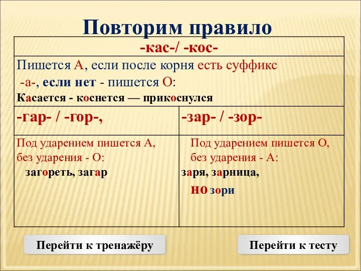 Повторим правило Перейти к тренажёру Перейти к тесту