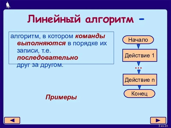 Линейный алгоритм - алгоритм, в котором команды выполняются в порядке