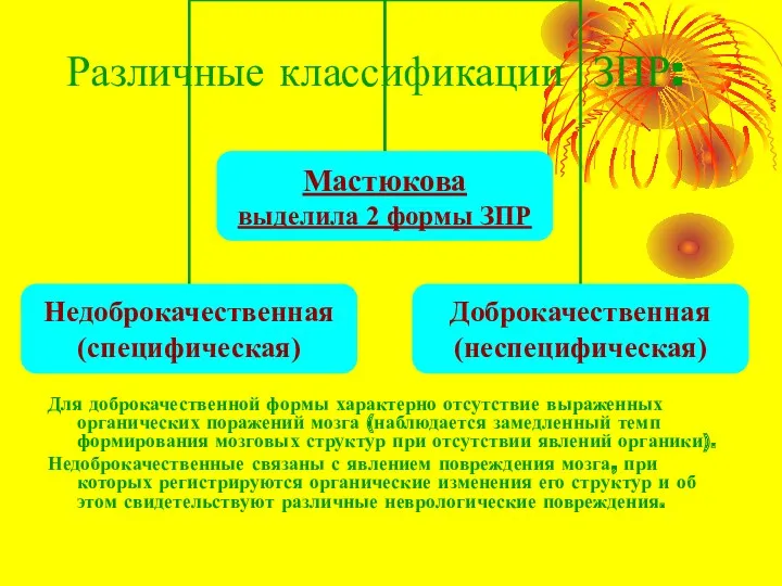 Различные классификации ЗПР: Для доброкачественной формы характерно отсутствие выраженных органических